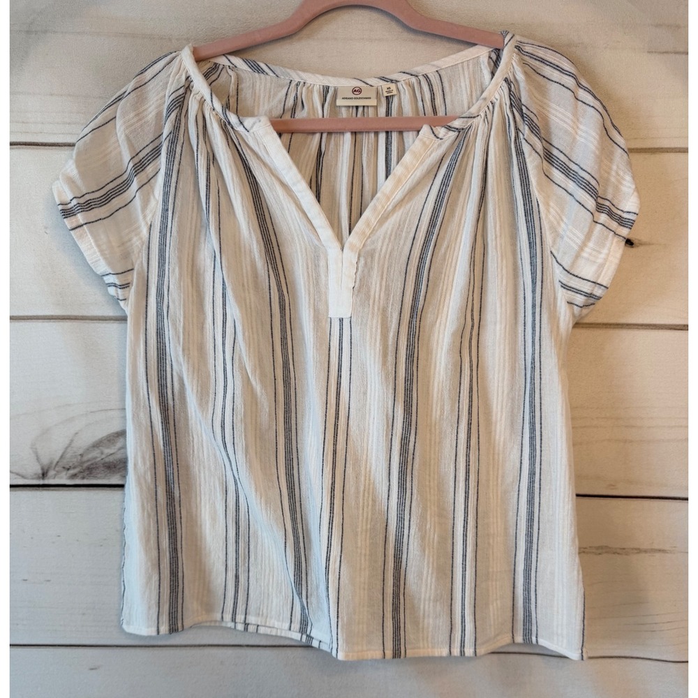 AG Adriano Goldschmied Womens XS White Blue Striped Cotton Gauze Blouse ISG70600